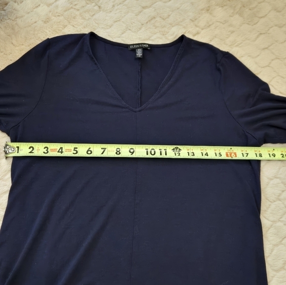Eileen Fisher Navy Blue V-Neck Asymmetrical Hem Shift Dress, Size Large - Picture 3 of 7